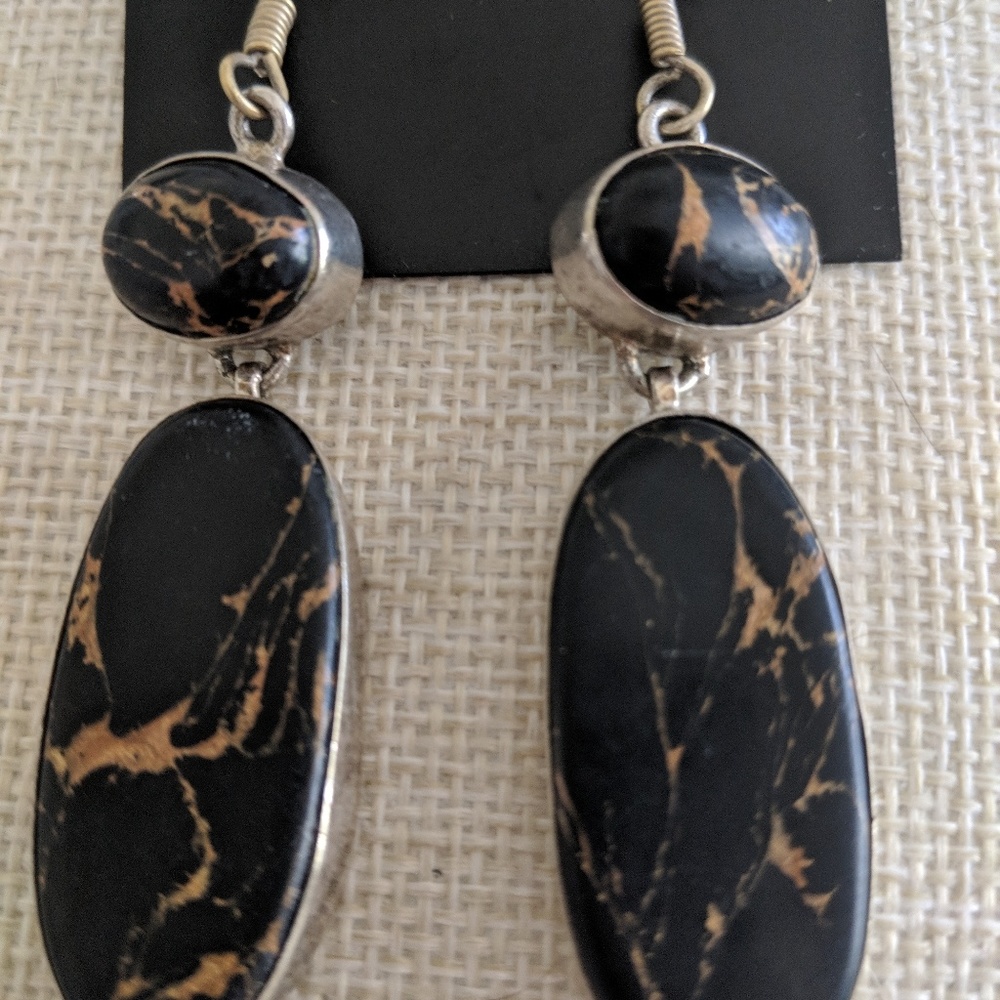 Earrings, Brown and Tan and Sterling Silver 2.5 in